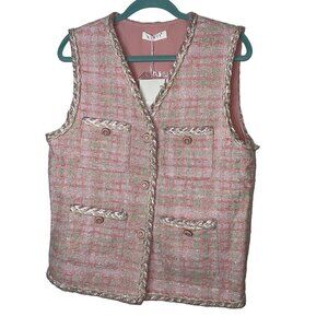Niwiy Womens Vest Size Large Pink Tweed Pockets Button Up V Neck Sleeveless